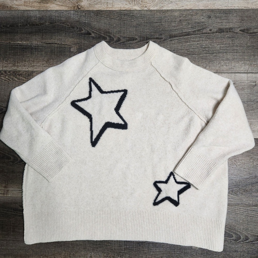 Aerie Star Pattern Sweater Women Large Cream Black Excellent Oversized Raglan